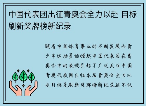 中国代表团出征青奥会全力以赴 目标刷新奖牌榜新纪录